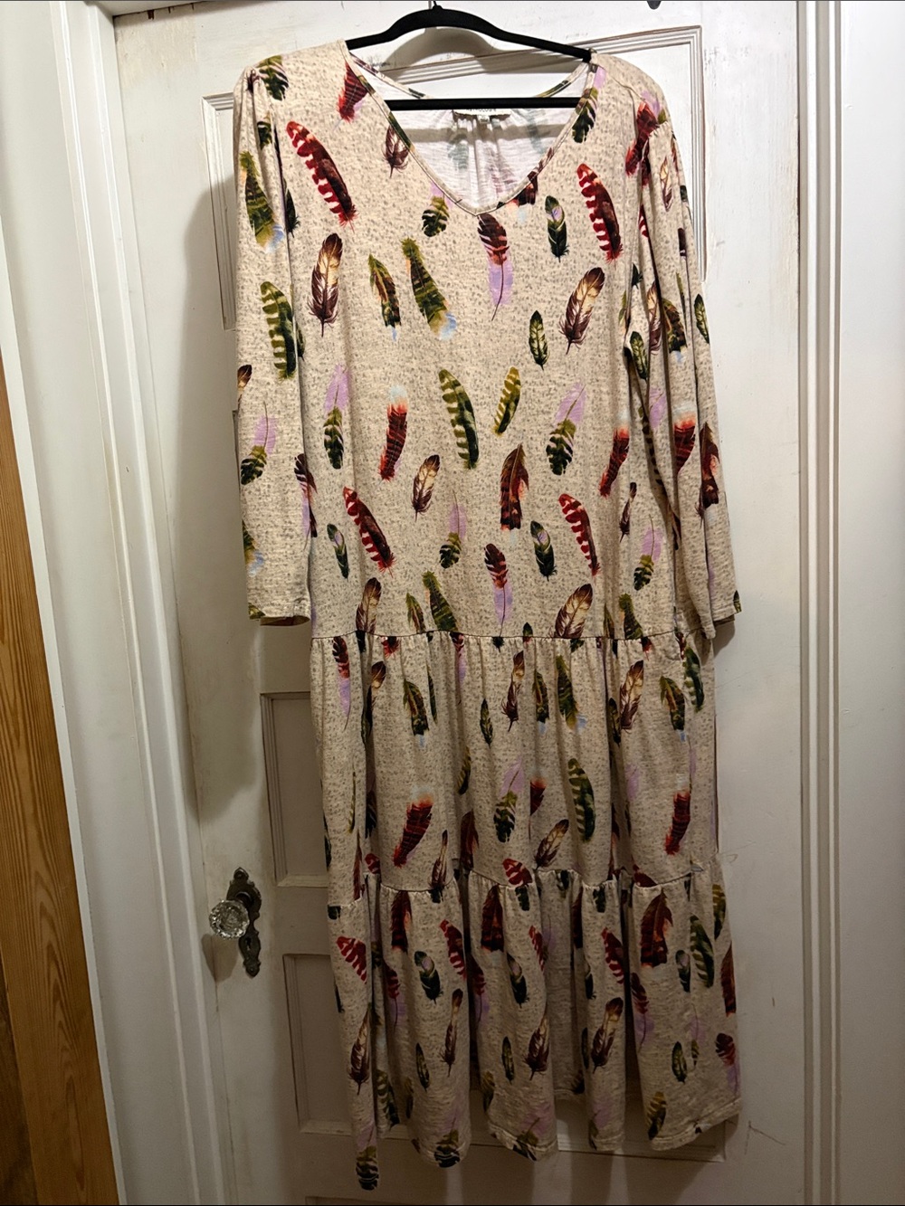 Beige Feather Print Tiered Midi Dress